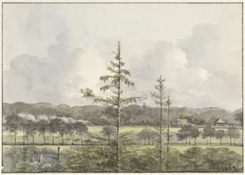 Vergezicht van weilanden met boerderijen