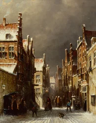 Winter Straatscène met Kinderen die Sneeuwballen Gooien