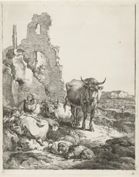 Landschap met staande en liggende koe en herderin voor een ruïne