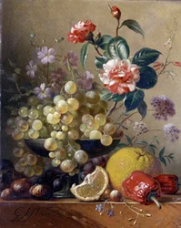 Stilleven van fruit, groenten en bloemen
