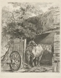 Twee paarden in een boerenschuur