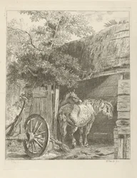 Twee paarden in een boerenschuur