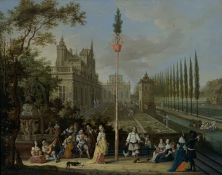 Figuren dansen rond een meiboom in de tuinen van een kasteel