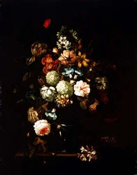 Stilleven met bloemen in een glazen vaas