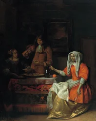 Interieur met twee vrouwen en een man die oesters eten en drinken