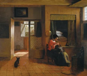 Interieur met een Moeder die het Haar van haar Kind Ontluist (Moederplicht)