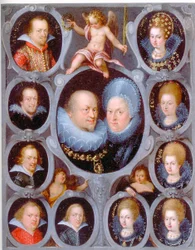 Hertog Frederik I (1557-1608) (r. 1593-1608) en hertogin van Württemberg Sibylla met tien van hun kinderen