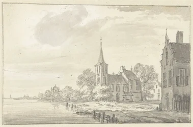 Dorpskerk en huizen aan een rivier