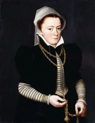 Portret van een Dame, staand, kleine driekwart lengte, in een gestreept lijfje en zwarte jas, een pomander vasthoudend aan een gouden ketting