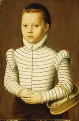 Portret van een jong meisje in een zwart-wit kostuum met een mand