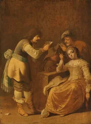 Kaartspelers met vrouw die een pijp rookt