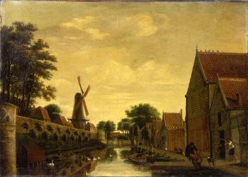 Een kanaal bij een stadsmuur met arbeiders die hout lossen, ca. 1650