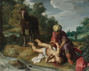 De barmhartige Samaritaan verzorgt de wonden van de reiziger (Lucas 10:25-37)