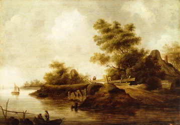 Een rivierlandschap met figuren in een boot en een reiziger op een brug (olieverf op paneel)