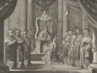Plaat 8: Keizer Maximiliaan II verleent een kroon aan het wapen van Amsterdam, uit Cas..., 1638
