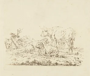 Weiland met koe en schapen