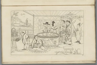 Chinese figuren rond een theetafel