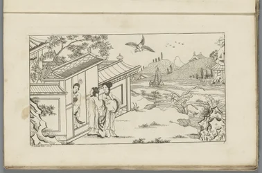 Landschap met drie Chinese vrouwen bij de deuropening van een huis (Nieuwe geinventeerde Sineesen)
