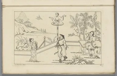 Landschap met figuur in kleermakerszit op een platform