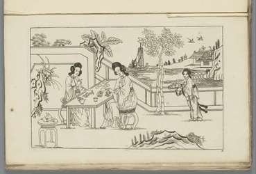 Landschap met twee Chinese vrouwen die een kaartspel spelen