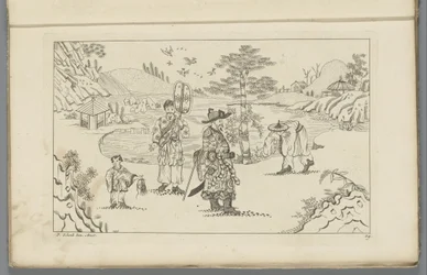 Vier Chinese figuren in een landschap