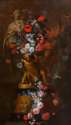 Overstromende bloemen met beelden van een heilige vrouw en gouden Putti op een sokkel met een kerststal in een tuin bij schemering, ca. 1690-1750 (olieverf op doek)
