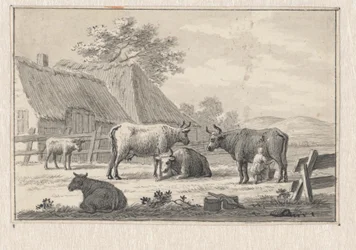 Boerenerf met melkende meid
