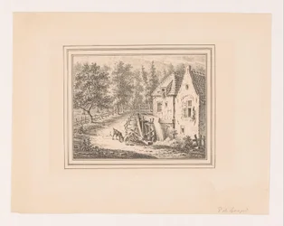 Landschap met watermolen en een grazende geit aan een touw