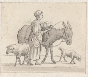 Vrouw met ezel, schaap en hond