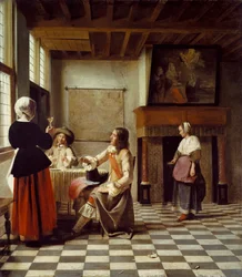 Een Interieur, met een Vrouw die Drinkt met Twee Mannen, en een Dienstmeid