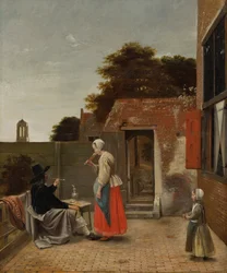 Binnenplaats met een rokende man en een drinkende vrouw