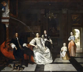 Groepsportret van de familie Jacott-Hoppesack met een hond in een weelderig klassiek interieur, een dame en heer wandelen in een park door een deur