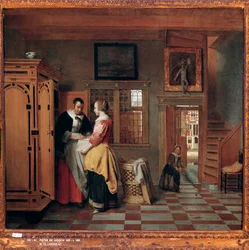 Interieur met vrouwen naast een linnenkist