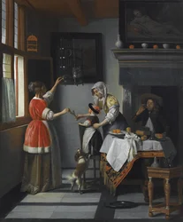 Interieur met een kind dat een papegaai voedt
