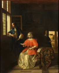 Interieur met een jonge vrouw die een brief leest