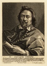 Portret van Jacques Jordaens, Vlaamse schilder, tekenaar en tapijtontwerper bekend om zijn historiestukken, genrescènes en portretten