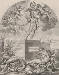 Ferdinand als Mars, staand op een voetstuk, uit Guillielmus Becanus