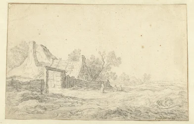 Duinlandschap met drie figuren voor een boerderij