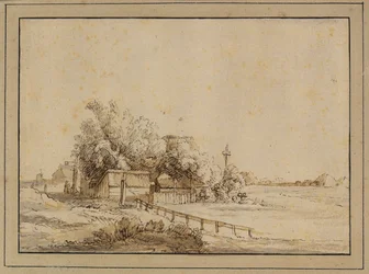 Figuren buiten een herberg, boerderijgebouwen en de paal van een duiventil, buiten Amsterdam