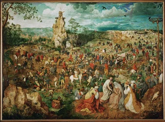 De Kruisdraging met Bruegels zelfportret rechts van de boomstam (schilderij op eikenhout)