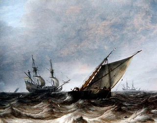 Een Smalschip en een Oorlogsschip in Woelige Zee