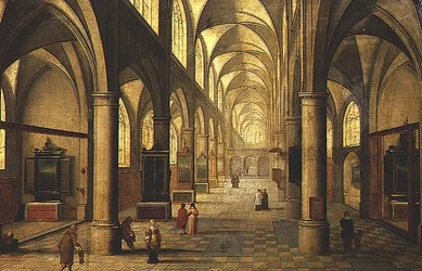 Interieur van een kathedraal met figuren