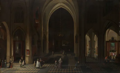 Interieur van een gotische kerk bij nacht kijkend naar het oosten