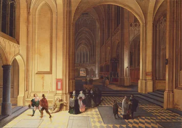 Interieur van een kathedraal met een bedelaar en andere figuren