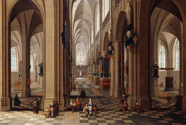 Het interieur van een gotische kathedraal met stadsbewoners en pelgrims, 1647