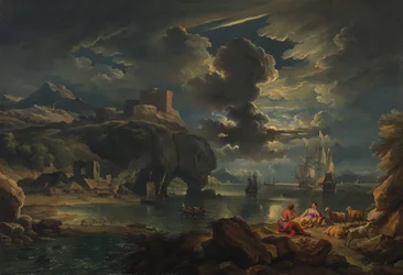 Een mediterrane maanverlichte kustlandschap, c.1700-01