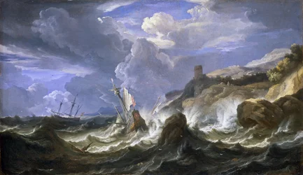 Schipbreuk in een storm nabij een rotsachtige kustlijn, midden 17e eeuw door Pieter Mulier II de Jongere