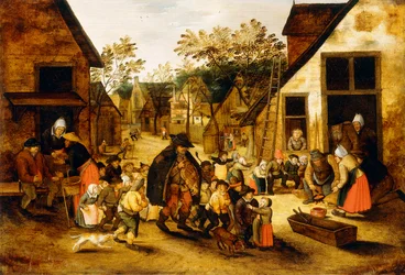 Een blinde draailierspeler omringd door kinderen in een dorp, ca. 1610