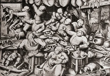 Bedelaar die uit de keuken van een rijke man wordt gegooid, in de 16e eeuw (gravure)