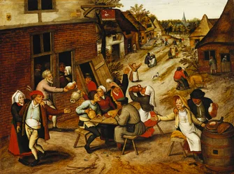 Boeren die Feesten Buiten de Zwaan Herberg in een Dorpsstraat, 1630